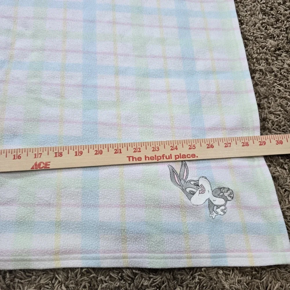 VTG Looney Tunes Baby Bugs Bunny Embroidered Pastel Plaid Fleece Baby Blanket‎